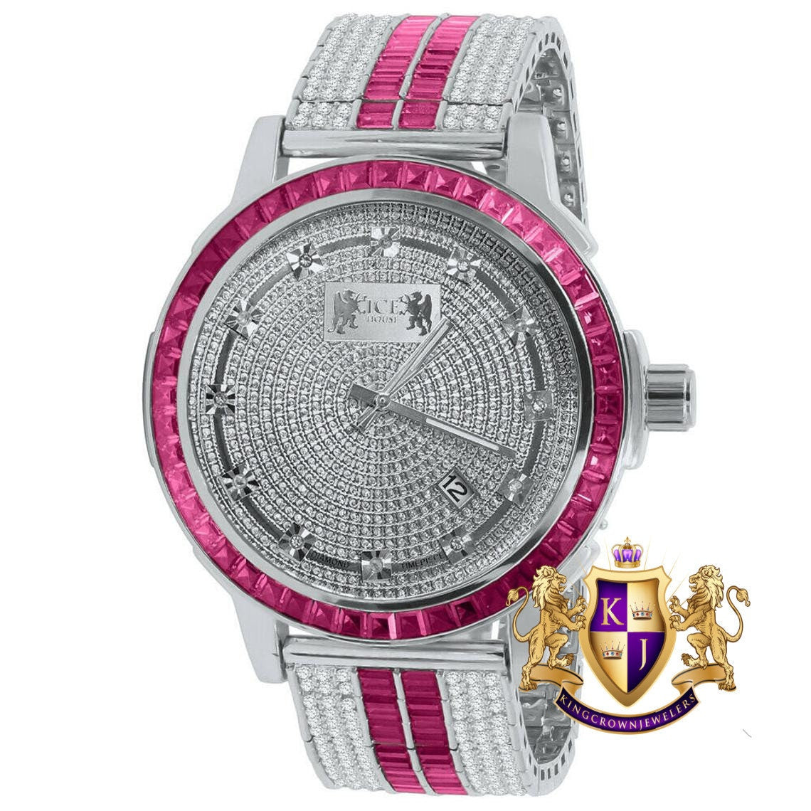 Pink Tourmaline Real Genuine Diamond Dial Stainless Steel Face Custom Bezel White Gold Tone Adjustable Band Watch W/Date