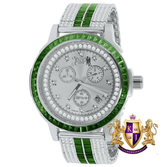 18K White Gold finish Emerald Green Solid Stainless Steel Baguette Solitaire Bezel Adjustable Custom Band Watch