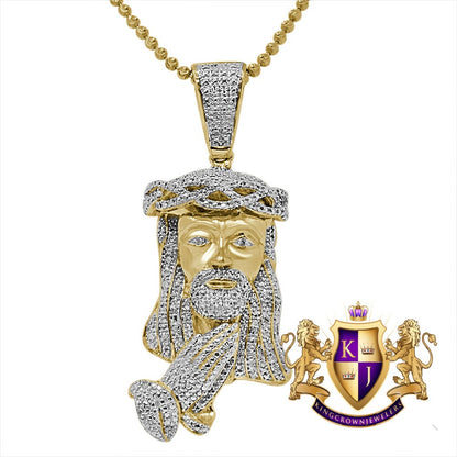 Genuine Authentic Diamond Jesus Face Praying Hands Pendant Charm Chain Set 10K Yellow Gold Finish