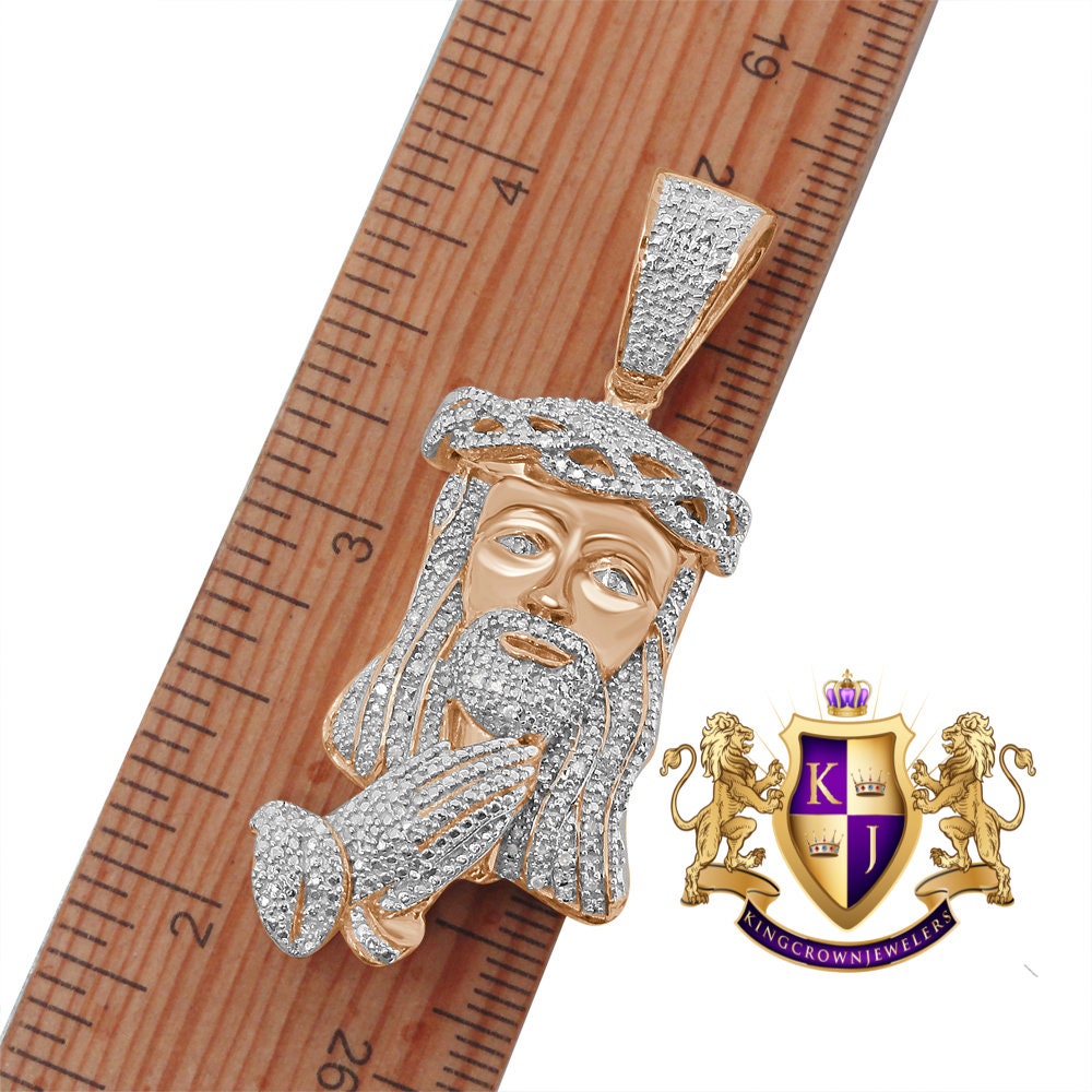 Genuine Authentic Diamond Jesus Face Praying Hands Pendant Charm Chain Set 10K Rose Gold Finish