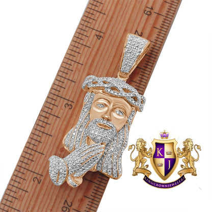 Genuine Authentic Diamond Jesus Face Praying Hands Pendant Charm Chain Set 10K Rose Gold Finish
