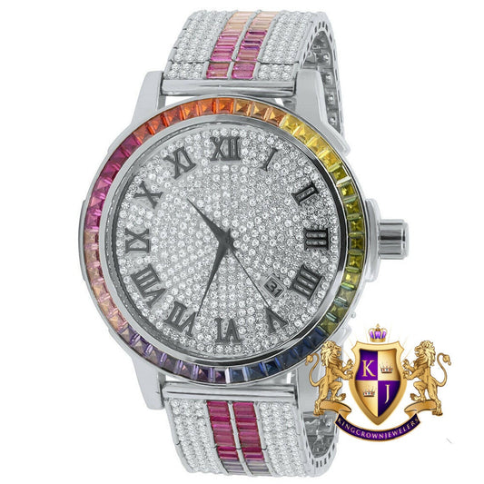 18K White Gold Finish Roman Face Rainbow Multi Dial Solid Steel Bezel Lab Diamond Watch W/Date