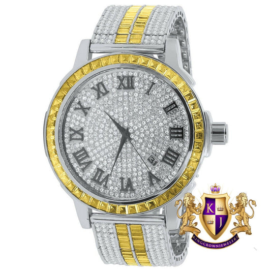 Solid Stainless Steel Bezel Lemonade Canary White Gold Finish Lab  Diamond Dial Gold Finish Custom Band Watch W/Date