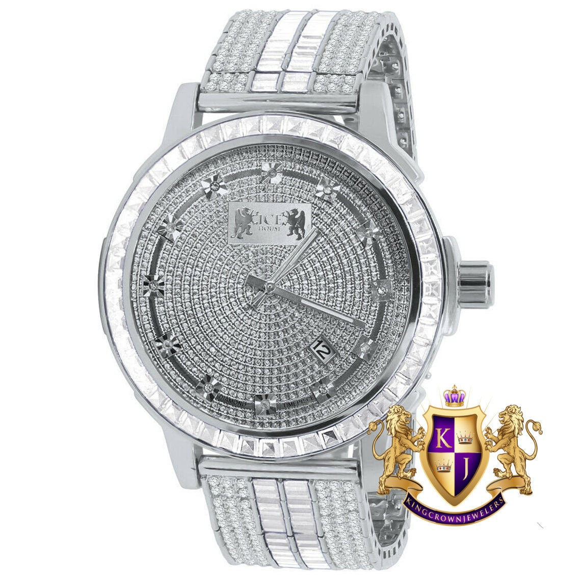 Genuine Diamond Dial Custom Mens Watch 18K White Gold Finish Solid Stainless Steel Bezel W/Date Function Adjustable Band