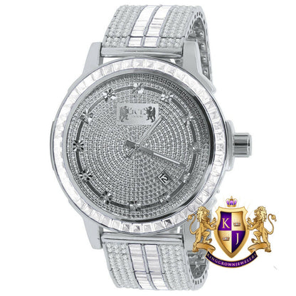 Genuine Diamond Dial Custom Mens Watch 18K White Gold Finish Solid Stainless Steel Bezel W/Date Function Adjustable Band