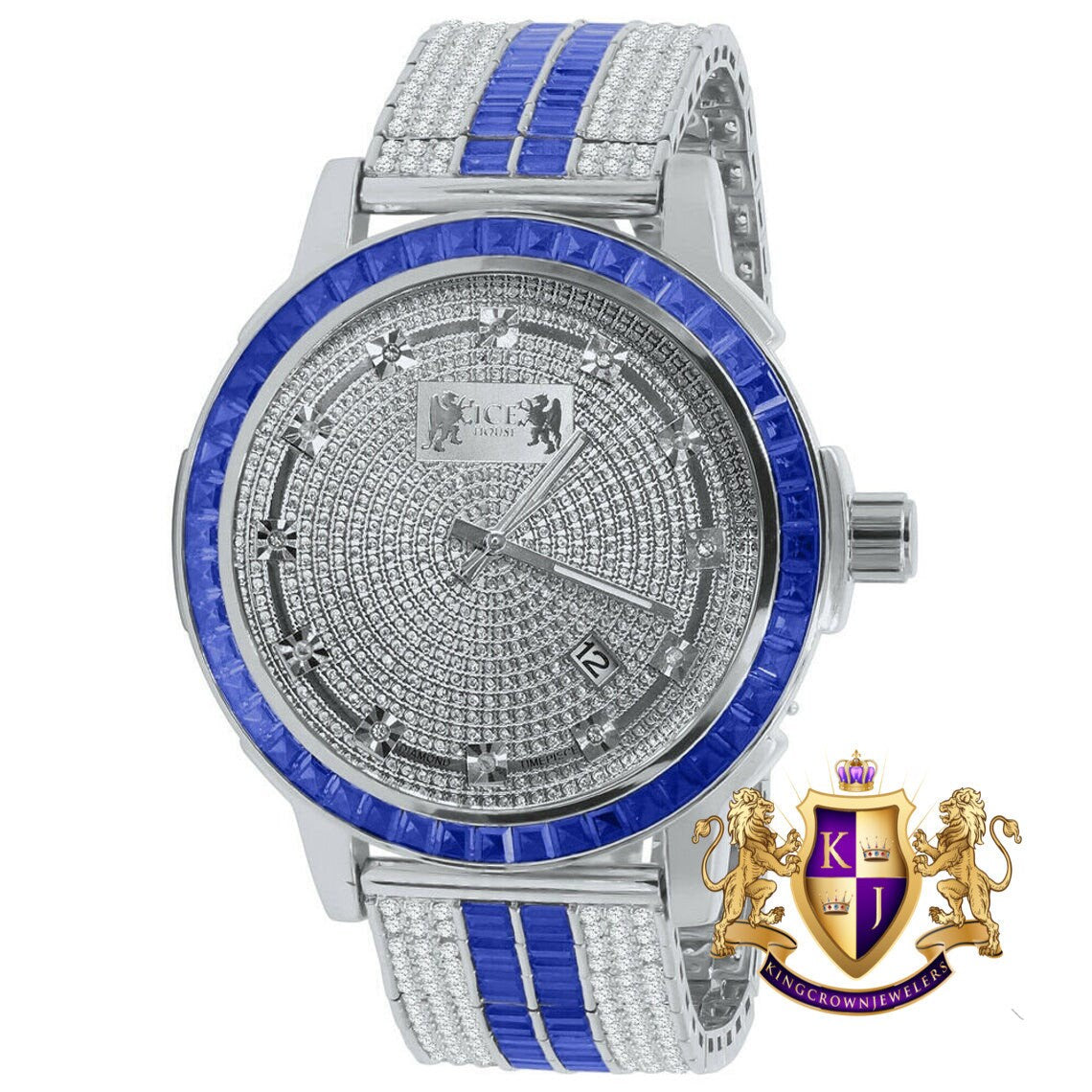 Genuine Real Diamond Dial Sapphire Blue White Gold Tone Mens Watch W/Date Adjustable Custom Band Stainless Steel Baguette Bezel