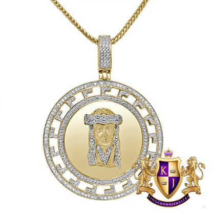 Real Genuine Diamond Jesus Face Piece 10K Yellow Gold Over Greek Round Charm Pendant Chain Set