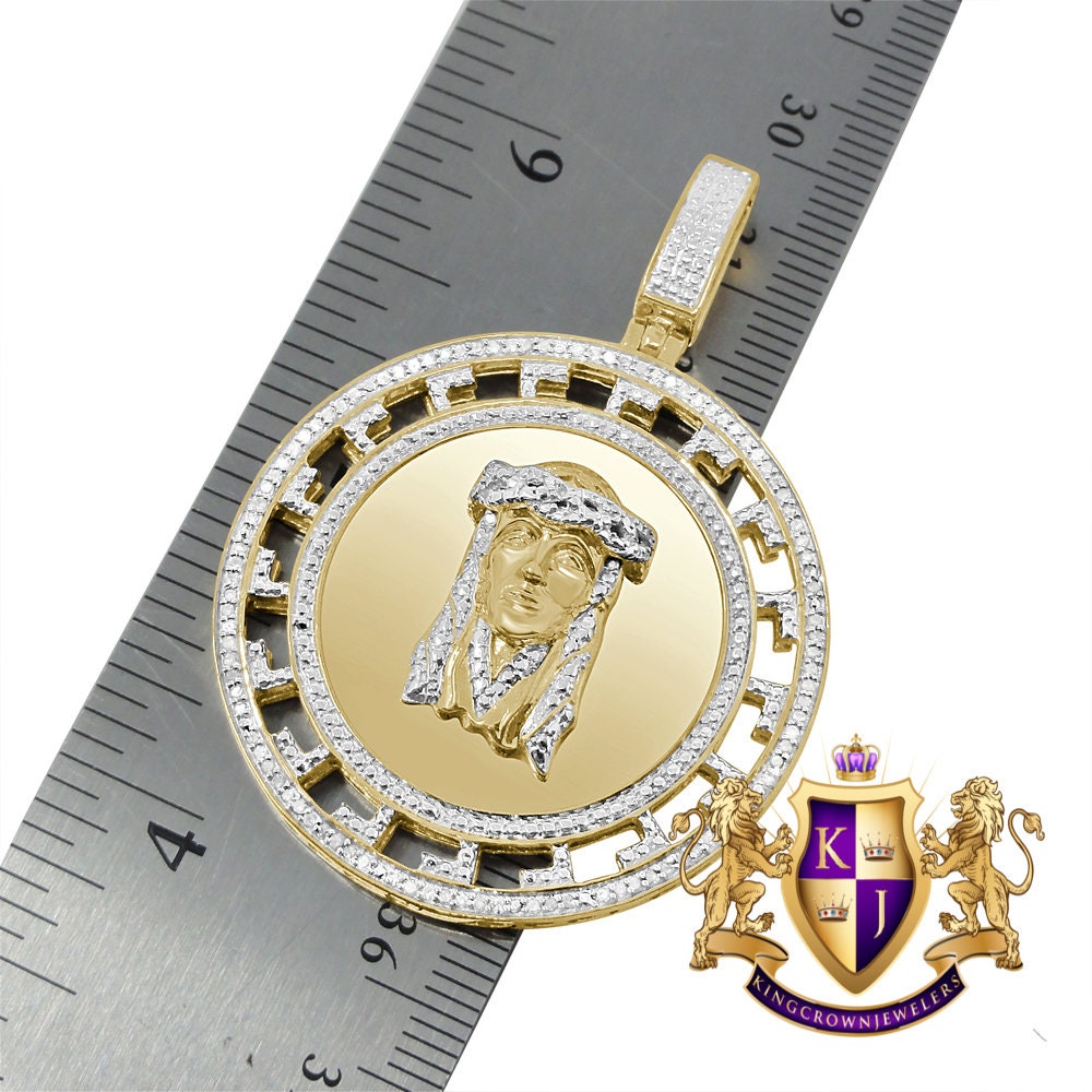 Real Genuine Diamond Jesus Face Piece 10K Yellow Gold Over Greek Round Charm Pendant Chain Set