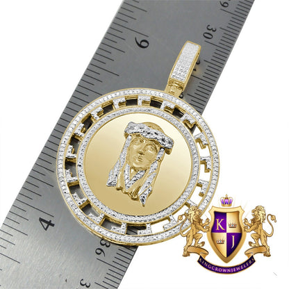 Real Genuine Diamond Jesus Face Piece 10K Yellow Gold Over Greek Round Charm Pendant Chain Set