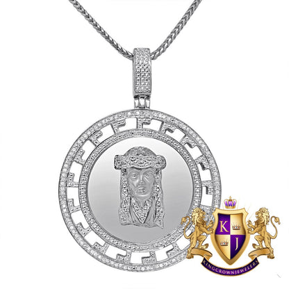 Real Genuine Diamond Jesus Face Piece 10K White Gold Over Greek Round Charm Pendant Chain Set
