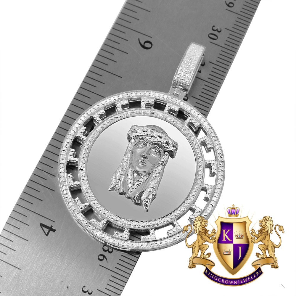 Real Genuine Diamond Jesus Face Piece 10K White Gold Over Greek Round Charm Pendant Chain Set