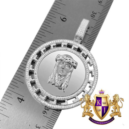 Real Genuine Diamond Jesus Face Piece 10K White Gold Over Greek Round Charm Pendant Chain Set