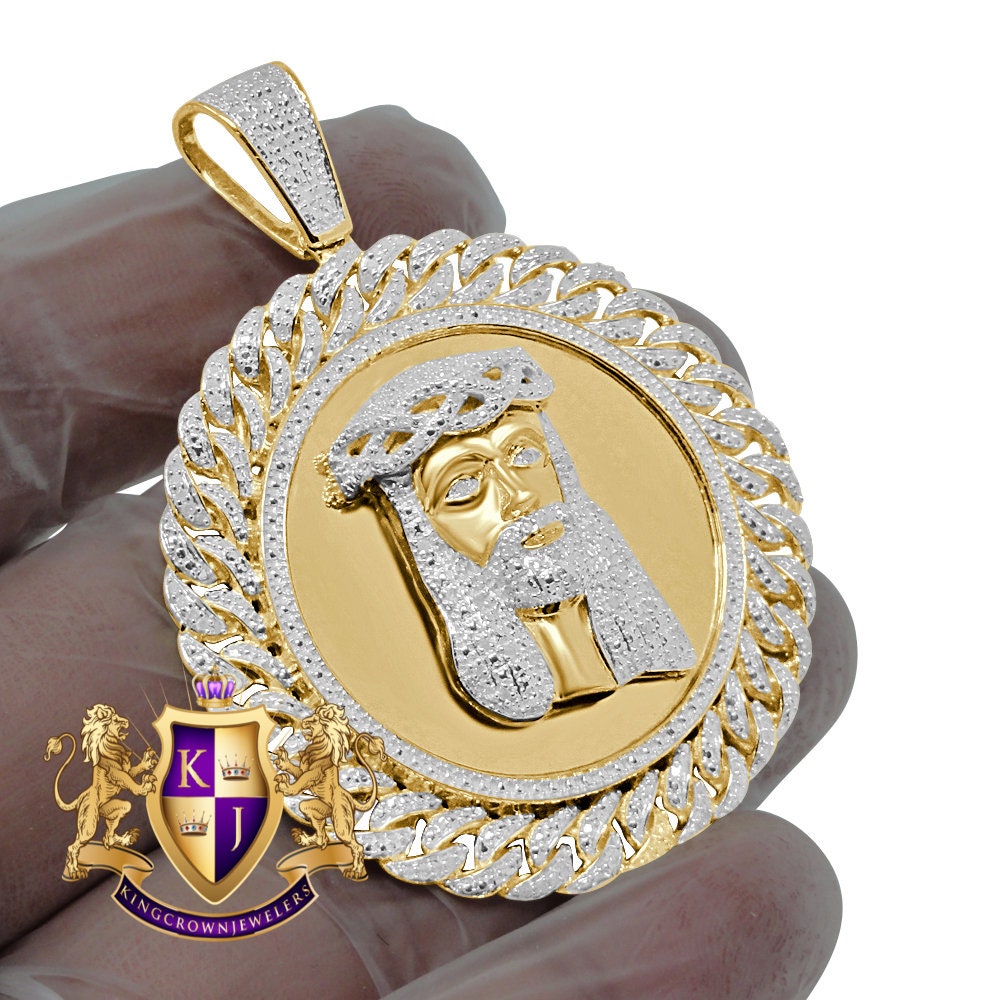 Mens Real Genuine Diamond Miami Cuban Jesus Face Round Medallion Charm 10K Gold Finish Pendent