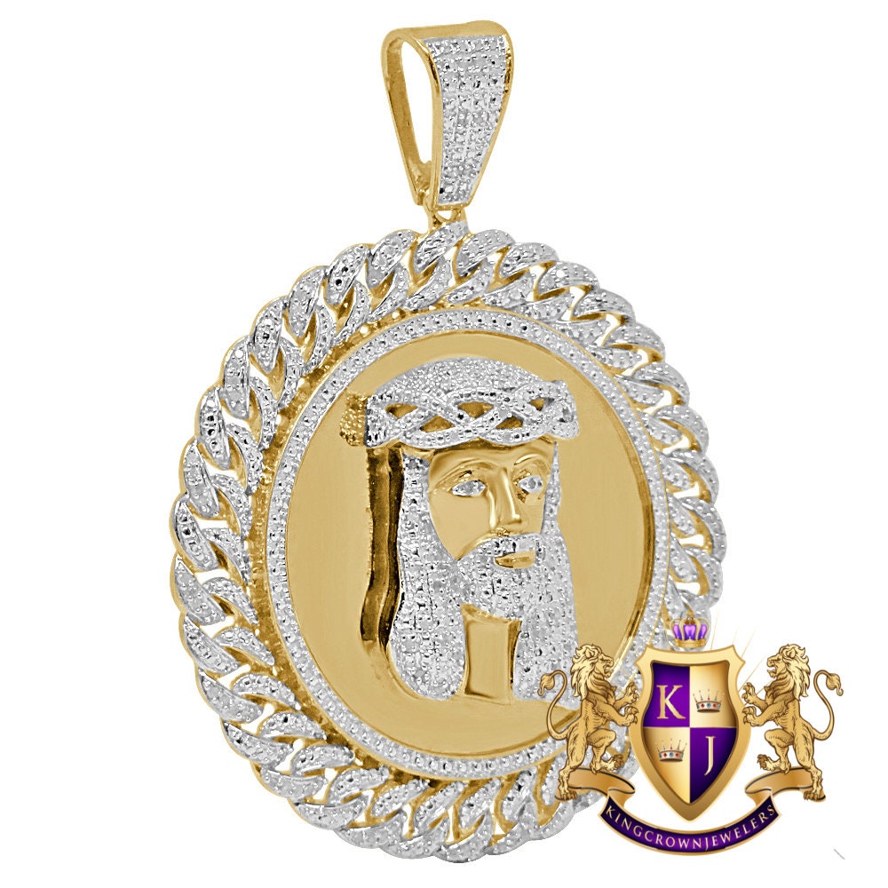 Mens Real Genuine Diamond Miami Cuban Jesus Face Round Medallion Charm 10K Gold Finish Pendent