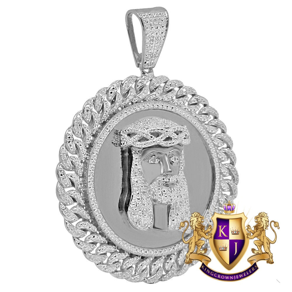 Mens Real Genuine Diamond Miami Cuban Jesus Face Round Medallion Charm 10K White Gold Finish Pendent