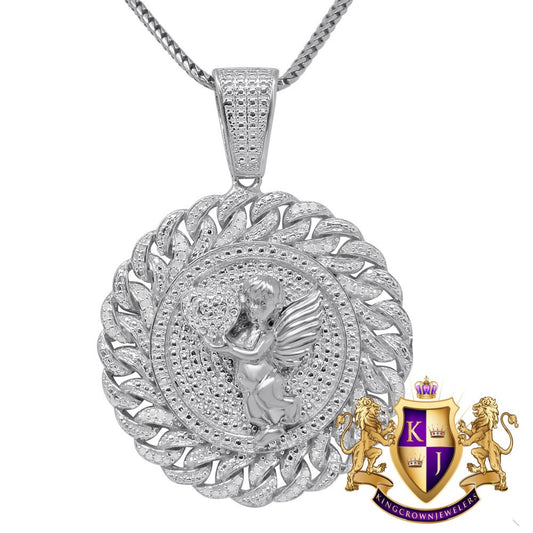 Real Genuine Diamond Angel Wings 10k White Gold Finish Miami Cuban Round Charm Pendant Chain Set