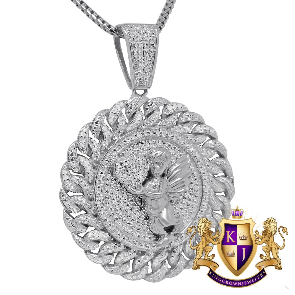 Real Genuine Diamond Angel Wings 10k White Gold Finish Miami Cuban Round Charm Pendant Chain Set