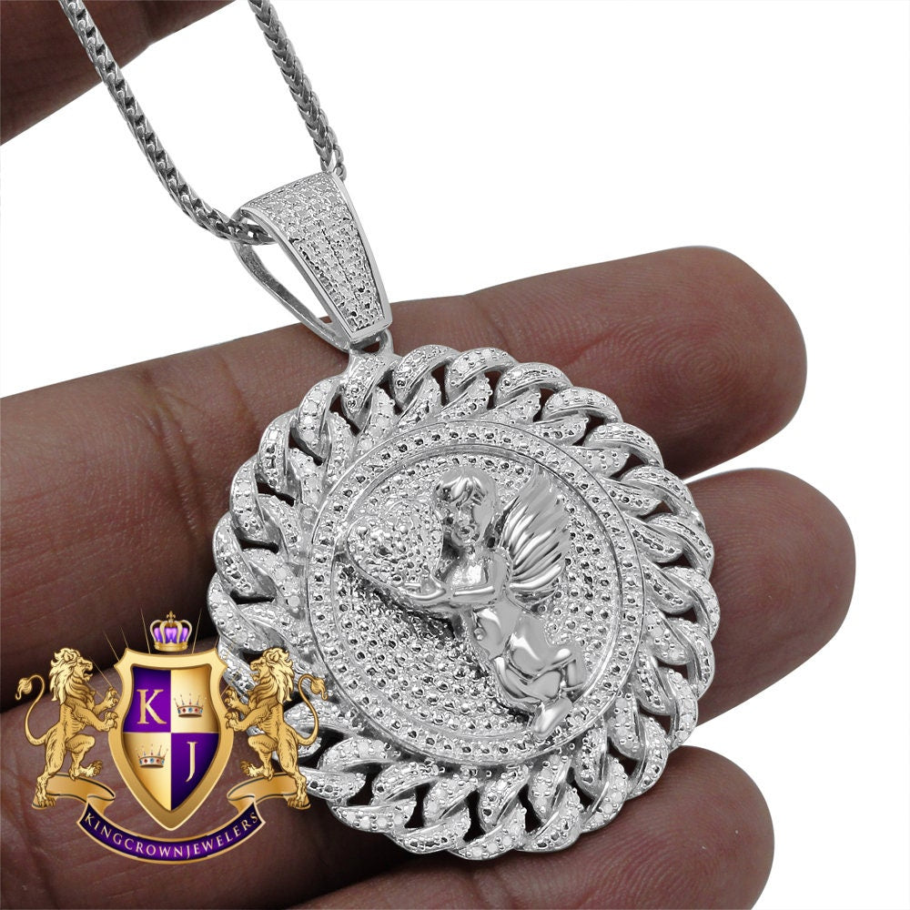Real Genuine Diamond Angel Wings 10k White Gold Finish Miami Cuban Round Charm Pendant Chain Set