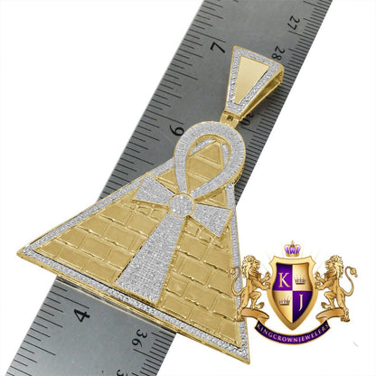 Real Genuine Diamond 0.50 Cwt. 10K Gold Finish Egyptian Pyramid Ankh Cross Charm Pendant 2.75''