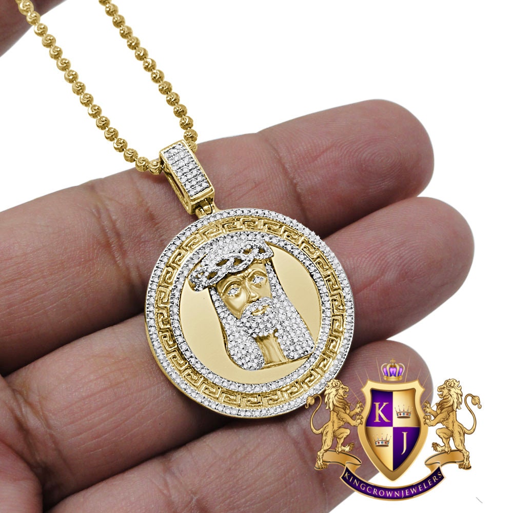 Real Genuine Diamond Jesus Face Piece 10K Yellow Gold Finish Greek Mini Charm Pendant + Chain