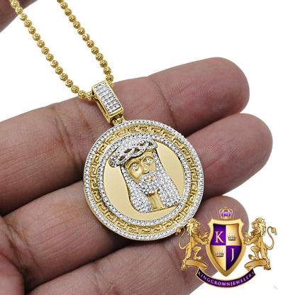 Real Genuine Diamond Jesus Face Piece 10K Yellow Gold Finish Greek Mini Charm Pendant + Chain