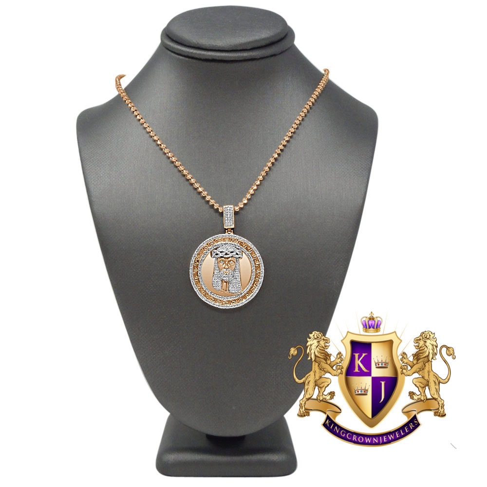 Real Genuine Diamond Jesus Face Piece 10K Rose Gold Finish Greek Mini Charm Pendant + Chain