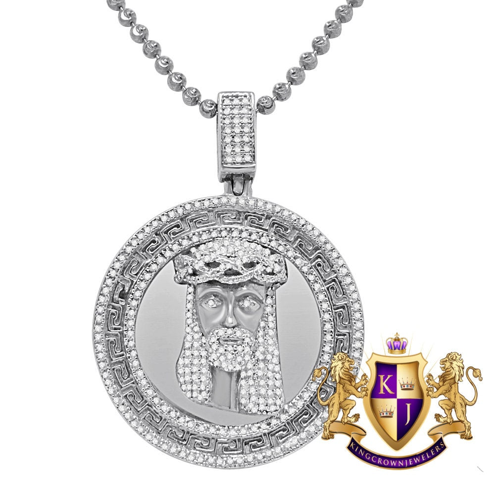 Real Genuine Diamond Jesus Face Piece 10K White Gold Finish Greek Mini Charm Pendant + Chain