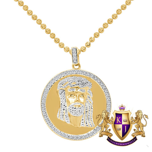 Real Genuine Diamonds 10K Yellow Gold Finish Mini Jesus Face Round Bezel Charm Pendant Chain Set