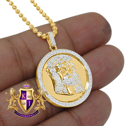 Real Genuine Diamonds 10K Yellow Gold Finish Mini Jesus Face Round Bezel Charm Pendant Chain Set