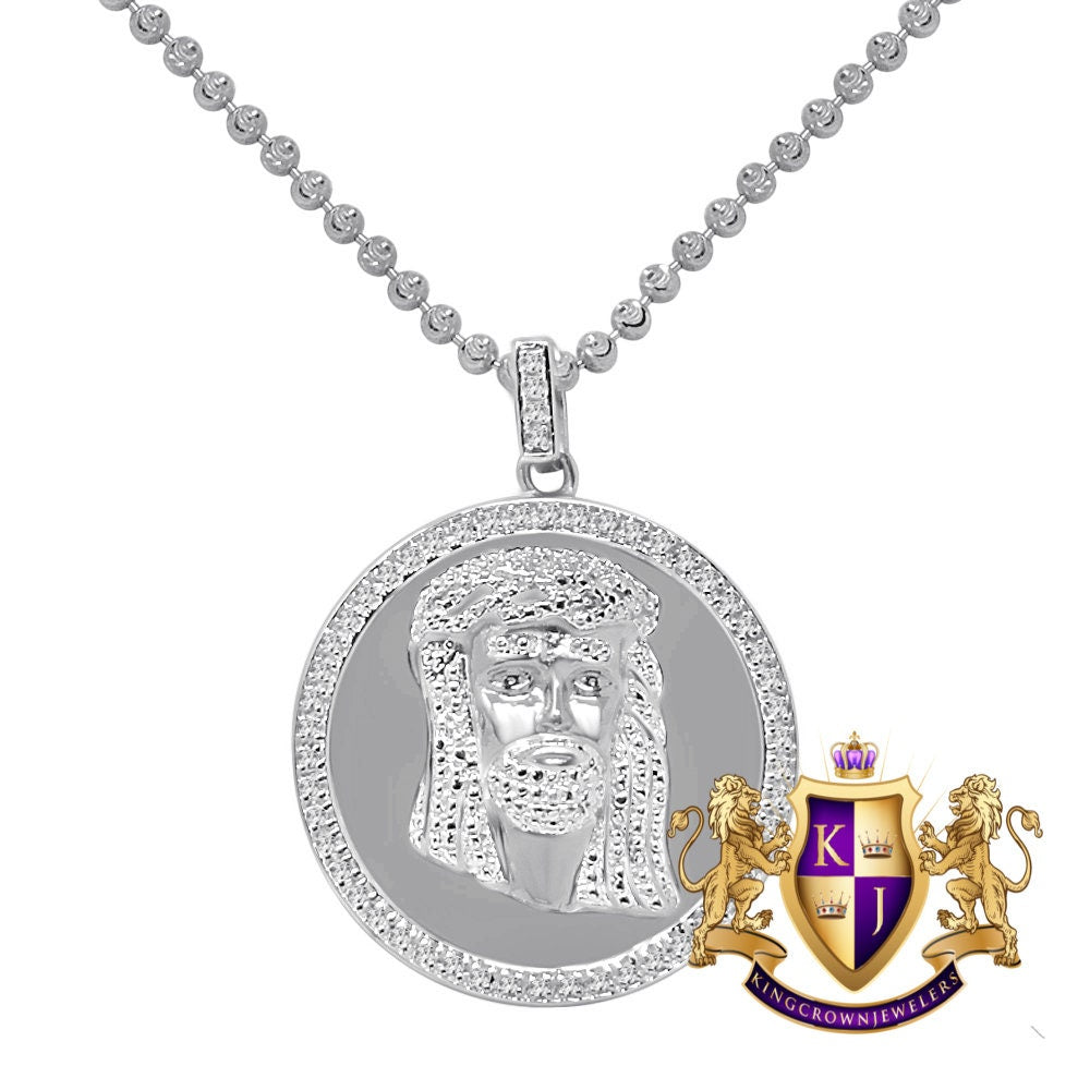 Real Genuine Diamonds 10K White Gold Finish Mini Jesus Face Round Bezel Charm Pendant Chain Set