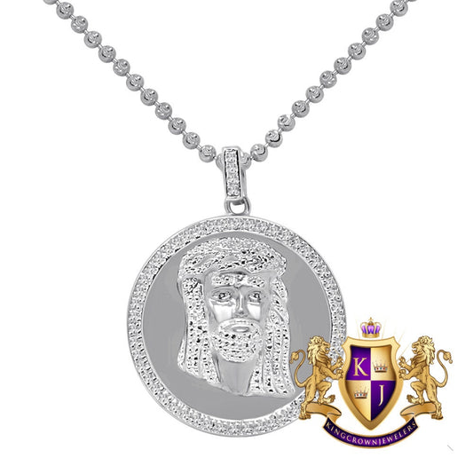 Real Genuine Diamonds 10K White Gold Finish Mini Jesus Face Round Bezel Charm Pendant Chain Set