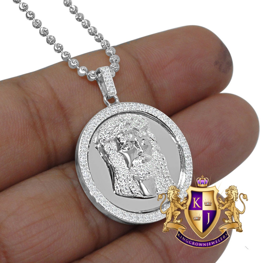 Real Genuine Diamonds 10K White Gold Finish Mini Jesus Face Round Bezel Charm Pendant Chain Set