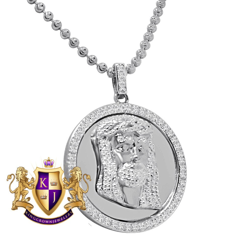 Real Genuine Diamonds 10K White Gold Finish Mini Jesus Face Round Bezel Charm Pendant Chain Set