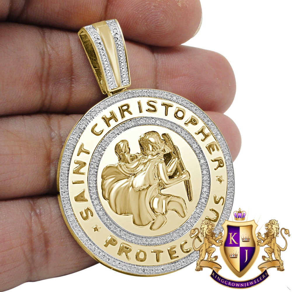 Real Genuine Authentic Diamond 0.40 Cwt. 20 + Grams Saint Christopher Religious Round Pendant Jesus Charm 10K Gold Over Medallion 2.25''