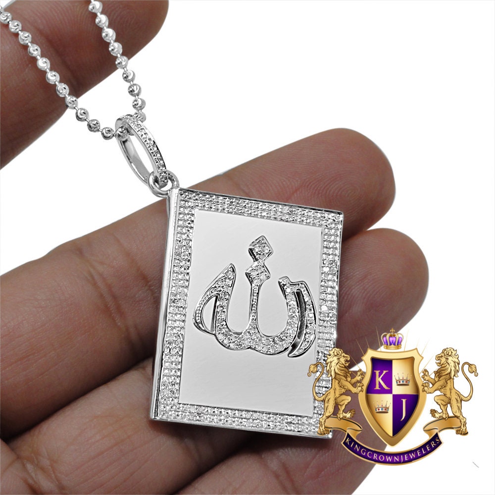 Real Genuine Authentic Diamond 22+ Grams Holy Book Allah God Muslim Arabic Islamic Pendent 10K White Gold Over Religious Charm Chain Set