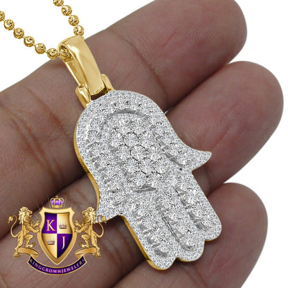 Real Genuine Authentic Diamond 0.66 Cwt. 17+ Grams Hamsa Hand of Fatima Charm 10K Solid Gold Over Jewish Religious Pendent Chain Set 1.75''
