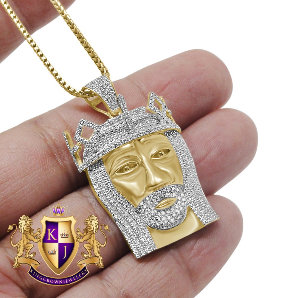 Real Genuine Authentic Diamond 10K Yellow Gold Finish Jesus Face Piece Charm Pendent + Franco Chain