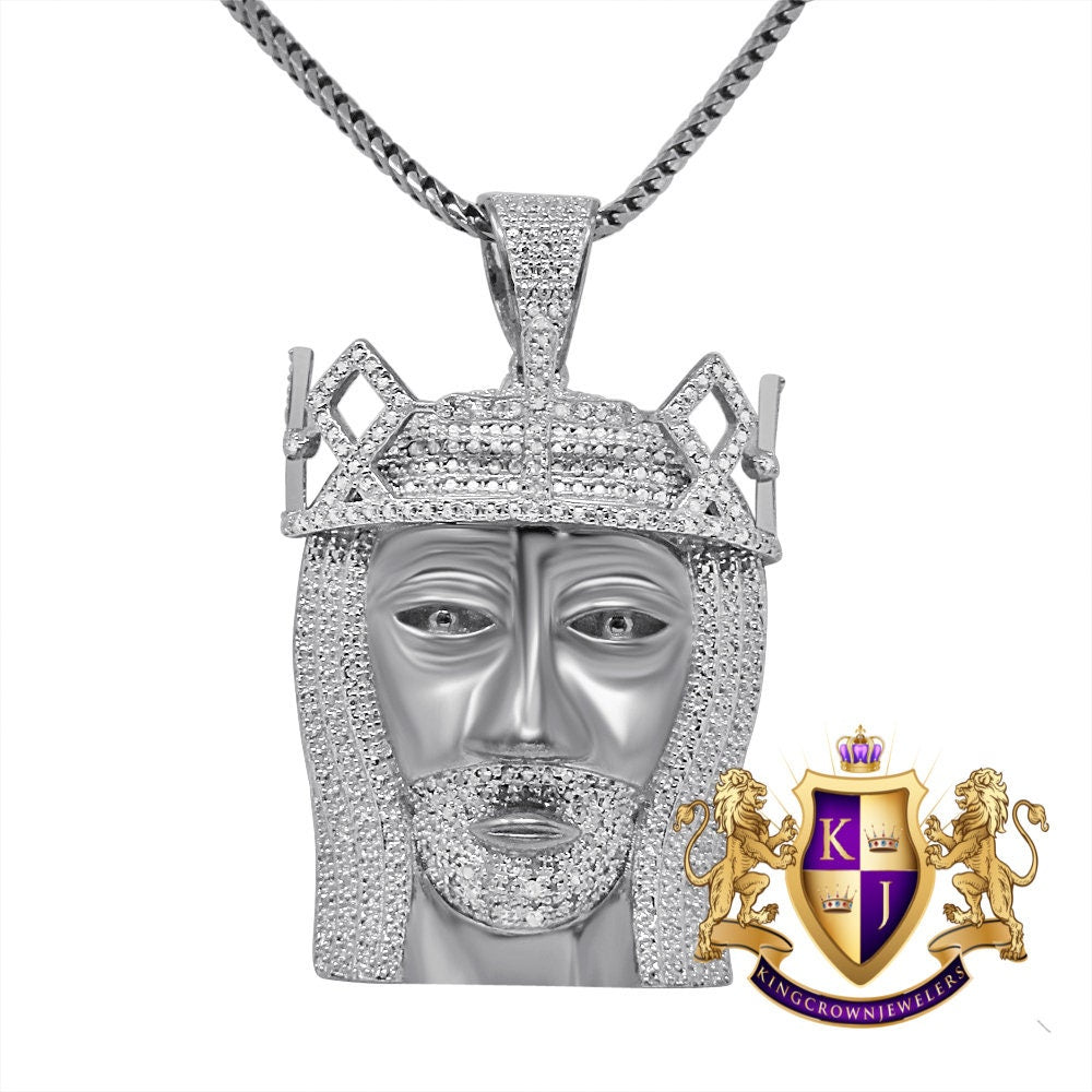 Real Genuine Authentic Diamond 10K White Gold Finish Jesus Face Piece Charm Pendent + Franco Chain