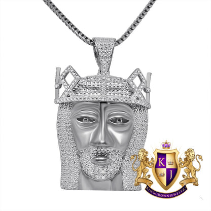 Real Genuine Authentic Diamond 10K White Gold Finish Jesus Face Piece Charm Pendent + Franco Chain