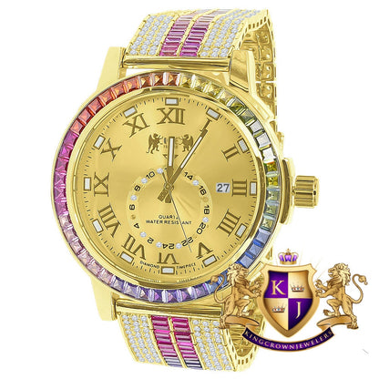 Baguette Rainbow Multi Tone Real Diamond Dial Roman Face Gold Tone Custom Band Bezel Watch W/Date