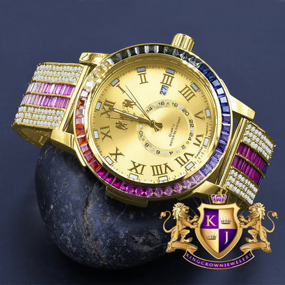 Baguette Rainbow Multi Tone Real Diamond Dial Roman Face Gold Tone Custom Band Bezel Watch W/Date