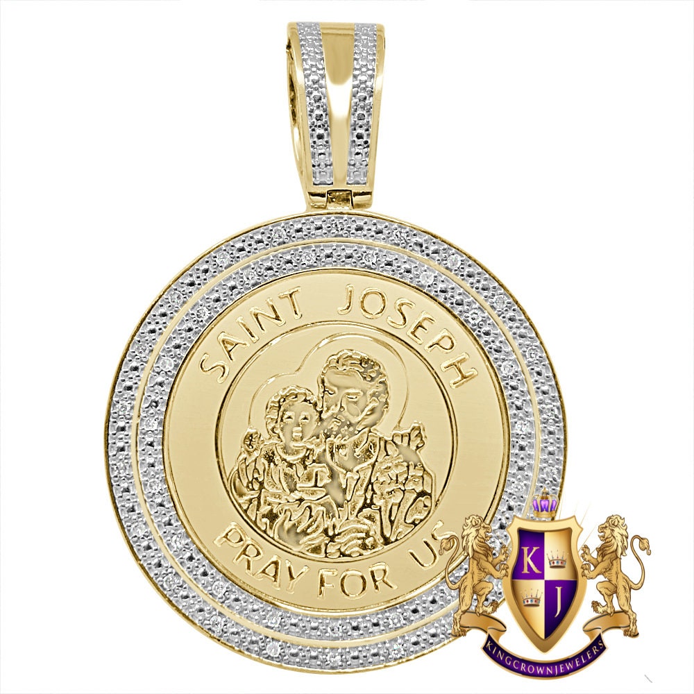 Real Genuine Authentic Diamond Saint Joseph Round Religious Medallion Pendent 10K Gold Charm Unisex 2.25''