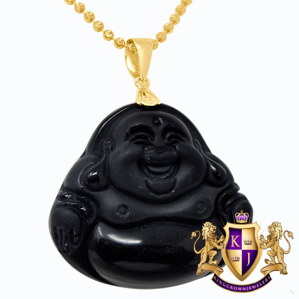 Real Yellow Gold Sterling Silver Jade Onyx Black Holy Buddha Pendant Charm Chain Set