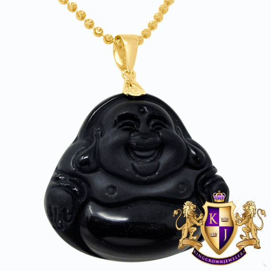 Real Yellow Gold Sterling Silver Jade Onyx Black Holy Buddha Pendant Charm Chain Set