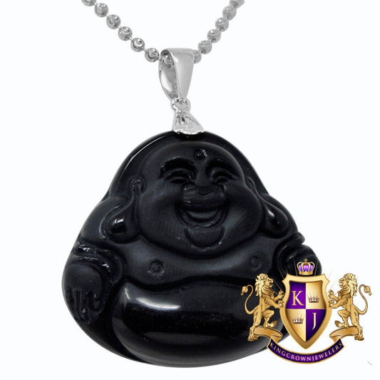 14K White Gold Over Real Genuine Italian Sterling Silver Jade Onyx Black Siddhartha Gautama Buddha Religious Pendant Charm + Chain Neckless