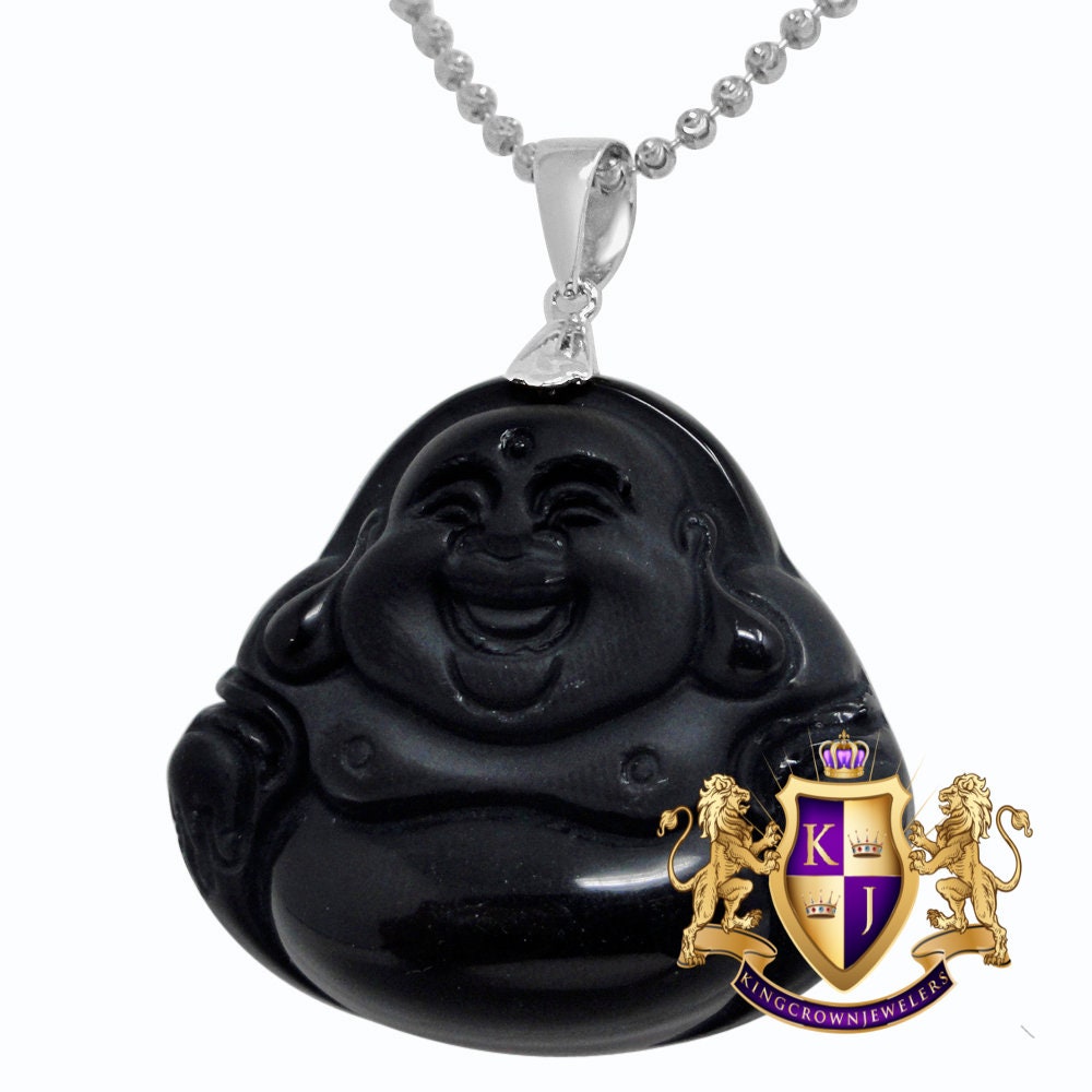 14K White Gold Over Real Genuine Italian Sterling Silver Jade Onyx Black Siddhartha Gautama Buddha Religious Pendant Charm + Chain Neckless