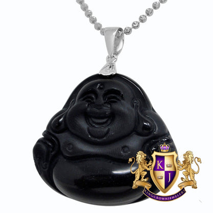 14K White Gold Over Real Genuine Italian Sterling Silver Jade Onyx Black Siddhartha Gautama Buddha Religious Pendant Charm + Chain Neckless