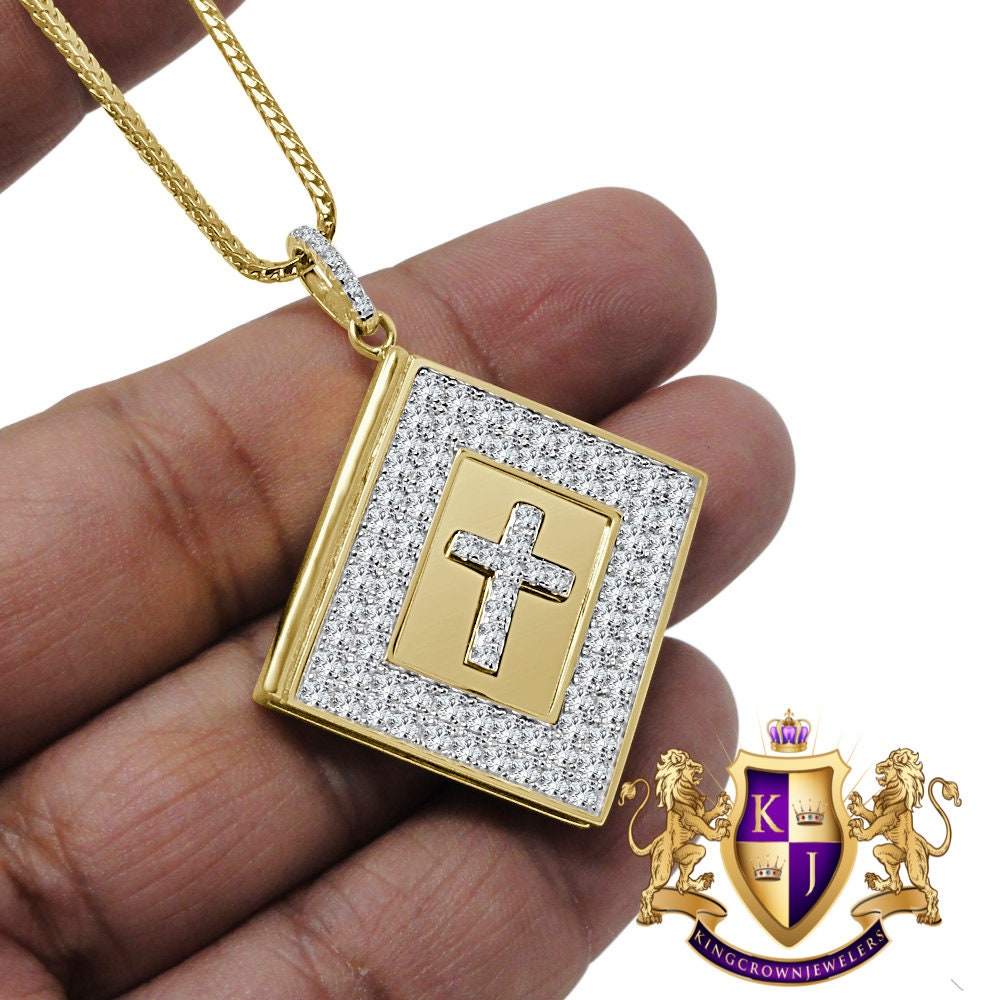 Real Yellow Gold Sterling Silver Simulated Diamonds Religious Bible Book Cross Charm Pendent Chain Set