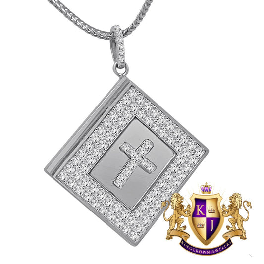 14K White Gold Over Real Sterling Silver Simulated Diamonds Religious Bible Book Cross Charm Pendent Chain Set