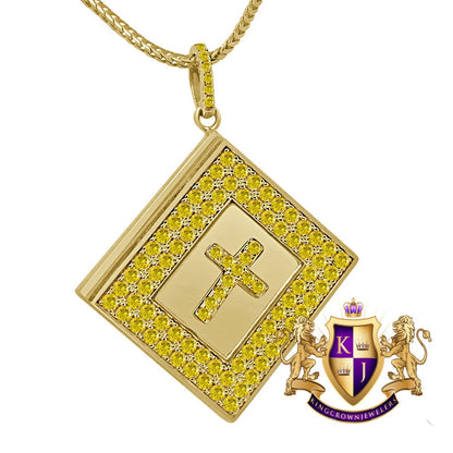 Canary Gold Real Sterling Silver Simulated Diamonds Religious Bible Book Cross Charm Pendent Chain Set